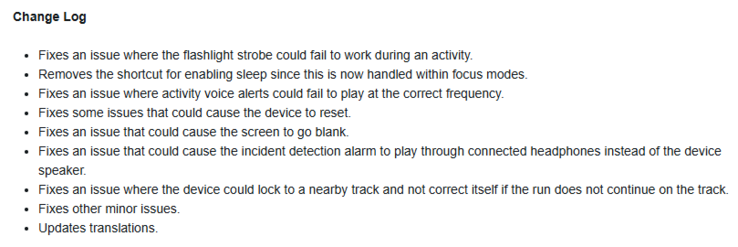 Les notes de mise à jour de la version bêta 15.12 pour les smartwatches Forerunner 570 et Forerunner 970. (Source de l'image : Garmin)