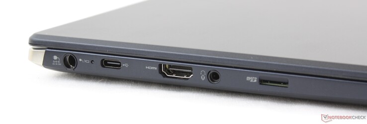 Côté gauche : entrée secteur, USB C 3.2 Gen. 2, HDMI, prise jack, lecteur de carte micro SD.