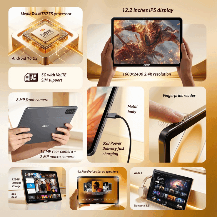 Acer Iconia Tab 12 5G : caractéristiques principales, écran, appareils photo, connectivité et fonctionnalités matérielles