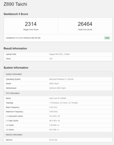 Intel Core i9-13900K sur Geekbench 5. (Source : Geekbench)