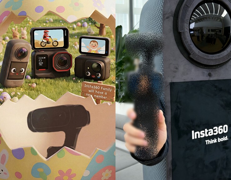 Insta360 avec deux caméras (à gauche), image teaser Insta360 en taille réelle (à droite).