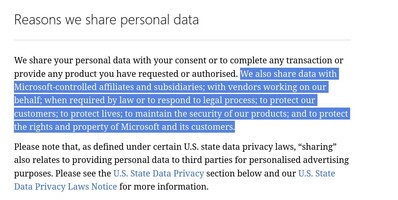 La page de déclaration de confidentialité de Microsoft est plutôt vague sur ce que l'entreprise partage avec qui et pourquoi. (Source de l'image : Microsoft)