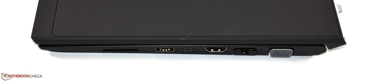 Côté droit : SD card-reader, USB A 3.1 Gen 2, USB C 3.1 Gen 2, HDMI, RJ45, VGA.
