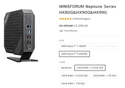 Configurations de la série Neptune HX99G de Minisforum (Source : Minisforum)