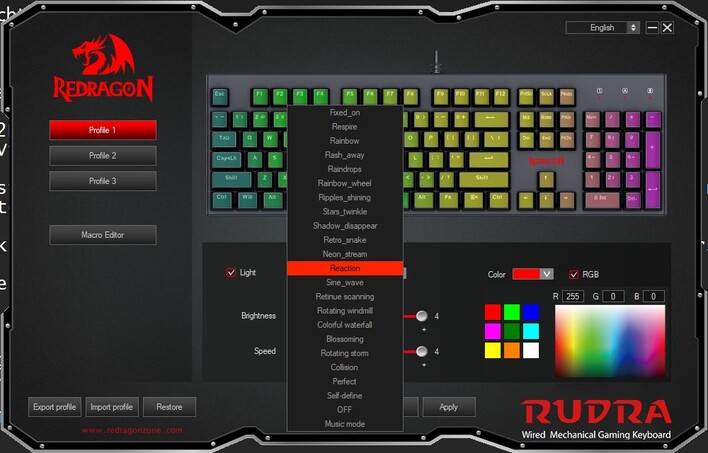 18 modes RGB prédéfinis pour le clavier Rudra