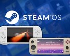 Le Konkr Pocket Fit G3 et l’Ayaneo Pocket S2 Pro, photographiés avec le logo Steam OS en arrière-plan