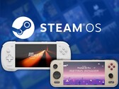 Le Konkr Pocket Fit G3 et l’Ayaneo Pocket S2 Pro, photographiés avec le logo Steam OS en arrière-plan