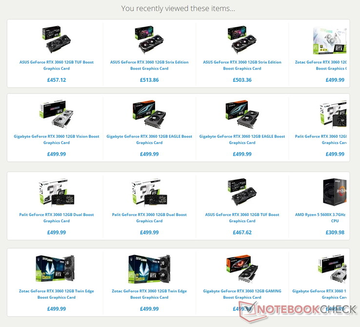 Quelques-uns des prix GeForce RTX 3060 affichés par CCL Computers. (Source de l'image : CCL Computers)