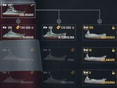 World of Warships 12.1, arbre technologique américain montrant les cuirassés hybrides Nebraska, Delaware, et Louisiana (Source : Propres)