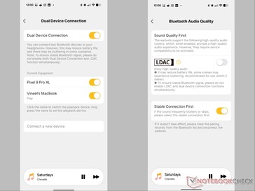 L'application EarFun Audio affiche les paramètres double appareil et LDAC.