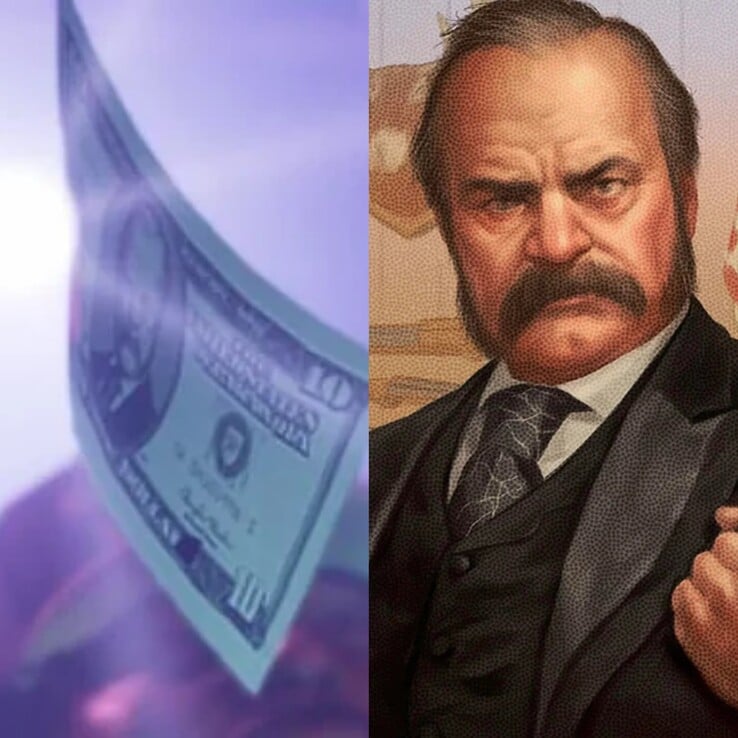 Image montrant l'argent dans GTA 6 à partir de la bande-annonce 2 avec le président Thaddeus Waxman. (Source de l'image : Synth Potato sur X)
