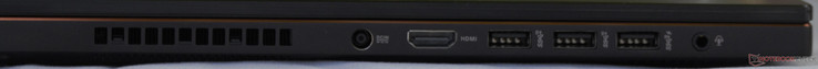 Côté gauche : entrée secteur, HDMI, 3 USB 3.1 Gen 2, combo audio jack.