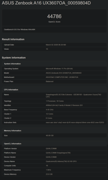 Snapdragon X2 Elite X2E-96-100 Performances GPU Geekbench