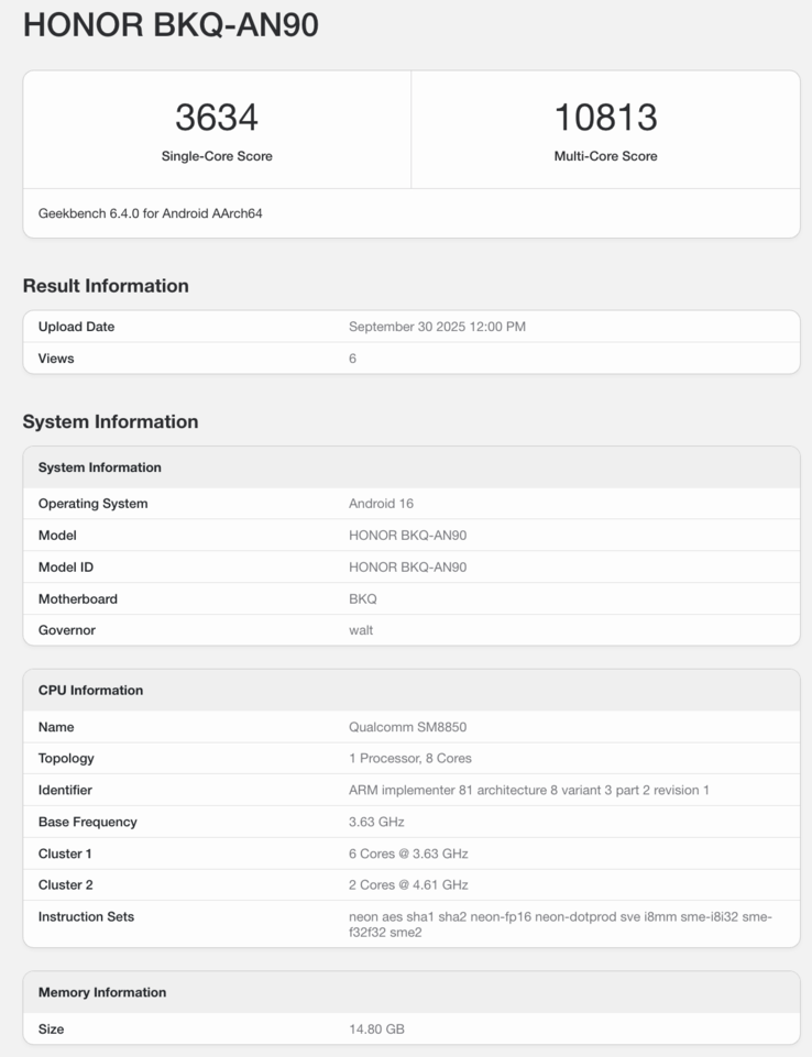 Liste Geekbench du Magic 8 Pro Honor. (Source de l'image : Geekbench)