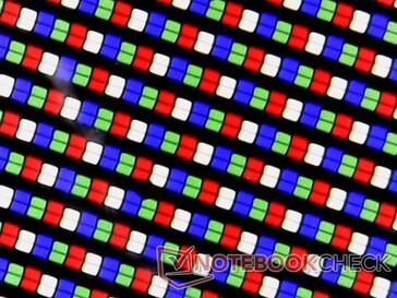 Matrice de sous-pixels RGBW. Le pixel blanc dédié aurait un impact négatif sur la résolution et le rapport de contraste