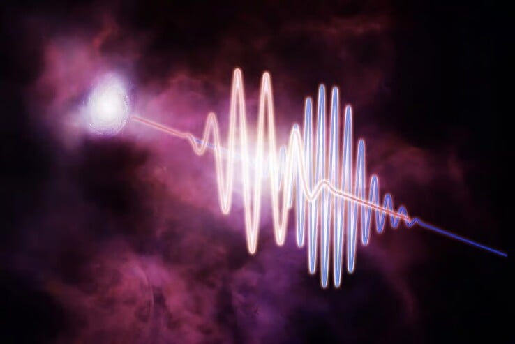 La différence entre les grandes longueurs d'onde, ici en rouge, émises par les sursauts radio rapides (FRB), et les petites longueurs d'onde, en bleu (Source de l'image : Melissa Weiss, CFA)