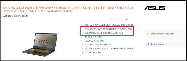 Liste Asus TUF A17. (Source de l'image : Expert.de)