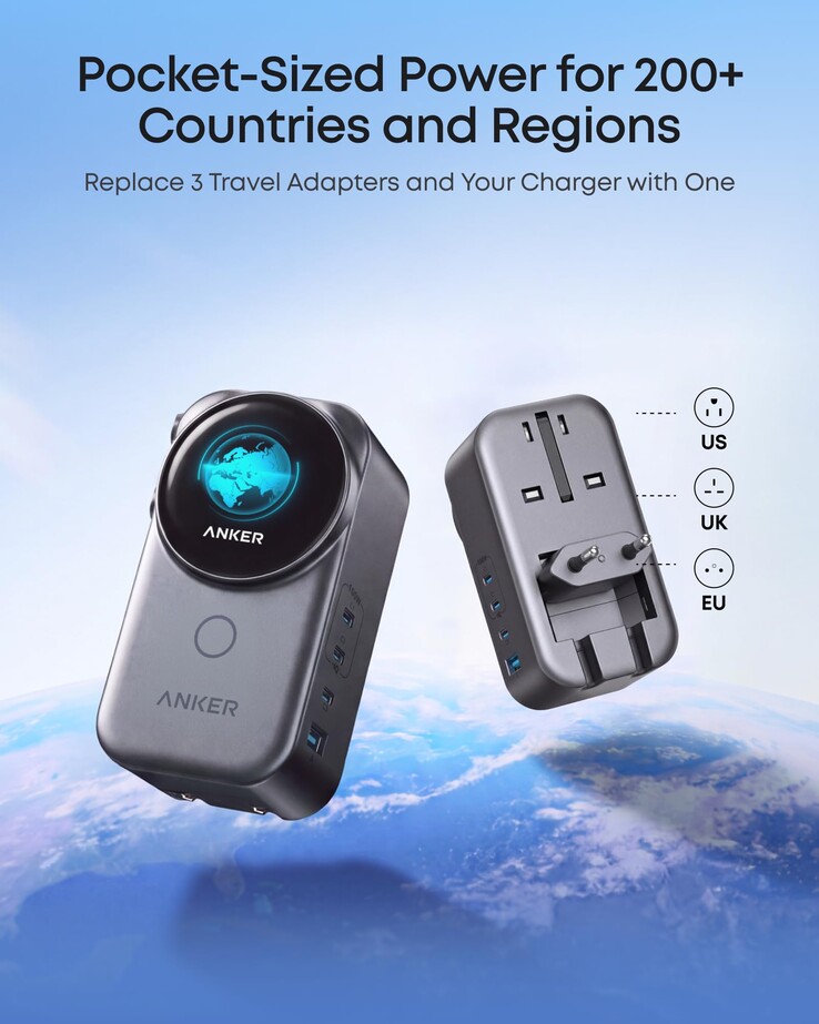 Une image marketing divulguée de l’adaptateur de voyage Anker Nano (4-en-1, 100 W, Smart Display)