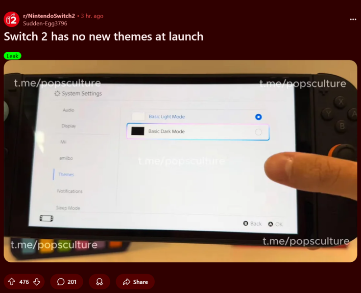 Vidéo de déballage de la Nintendo Switch 2 montrant les thèmes (Source d'image : capture d'écran, Nintendo Switch 2 subreddit)