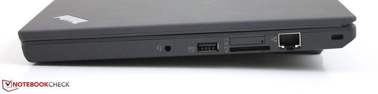 Côté droit : combo jack audio 3,5 mm, USB 3.0, lecteur de carte SD, emplacement pour carte SIM, Ethernet, verrou de sécurité Kensington.