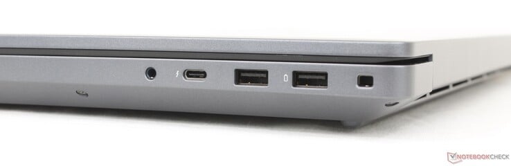À droite : casque 3,5 mm, USB-C Thunderbolt 4 (40 Gbps) avec DisplayPort + Power Delivery, 2x USB-A 3.2 Gen. 1 (5 Gbps), fente de verrouillage