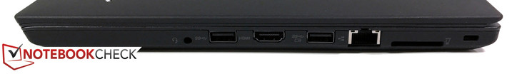 Côté droit : audio 3,5 mm, USB 3.0, HDMI 1.4b, USB 3.0 (always-on), RJ45-LAN, lecteur de cartes SD, verrou Kensington