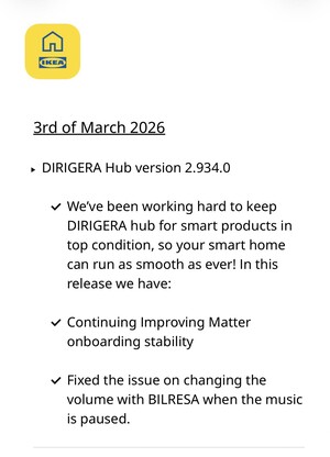 Les notes de mise à jour de la version 2.934.0 du logiciel IKEA Dirigera Hub