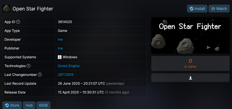Jeu Steam ouvert Star Fighter volé (Source de l'image : capture d'écran, SteamDB)