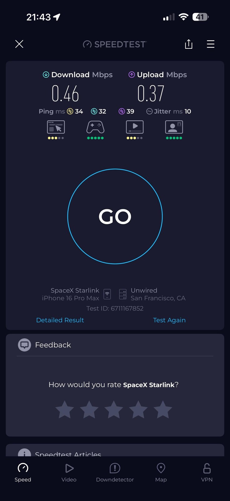 Vitesses de téléchargement du mode veille de Starlink. (Source de l'image : ilikewolves99/Reddit)