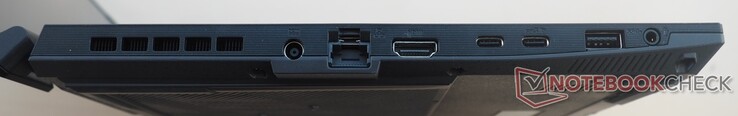 Côté gauche : alimentation, RJ45 LAN, HDMI 2.1, 2x USB-C 3.2 Gen2 (incl. DisplayPort), USB-A 3.2 Gen1, audio