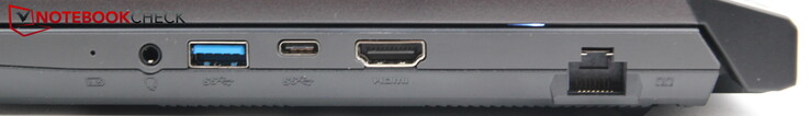 Droit : LAN, HDMI, USB-C 3.0, USB-A 3.0, port audio