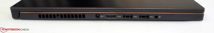 Côté gauche : entrée secteur, HDMI 2.0, 2x USB 3.0 (1 qui permet la charge), jack stéréo 3,5 mm.