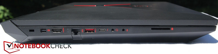 Côté gauche : verrou Kensington, Mini DisplayPort, HDMI, LAN, USB A, USB C, écouteurs, microphone, lecteur de cartes SD.