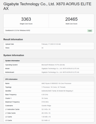 Ryzen 9 9950X3D Geekbench (source d'image : Geekbench)