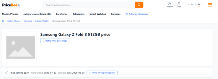 Pricebee, une entreprise basée en Lettonie, indique que le 5 août est la date de mise en vente du Samsung Galaxy Z Fold 8.