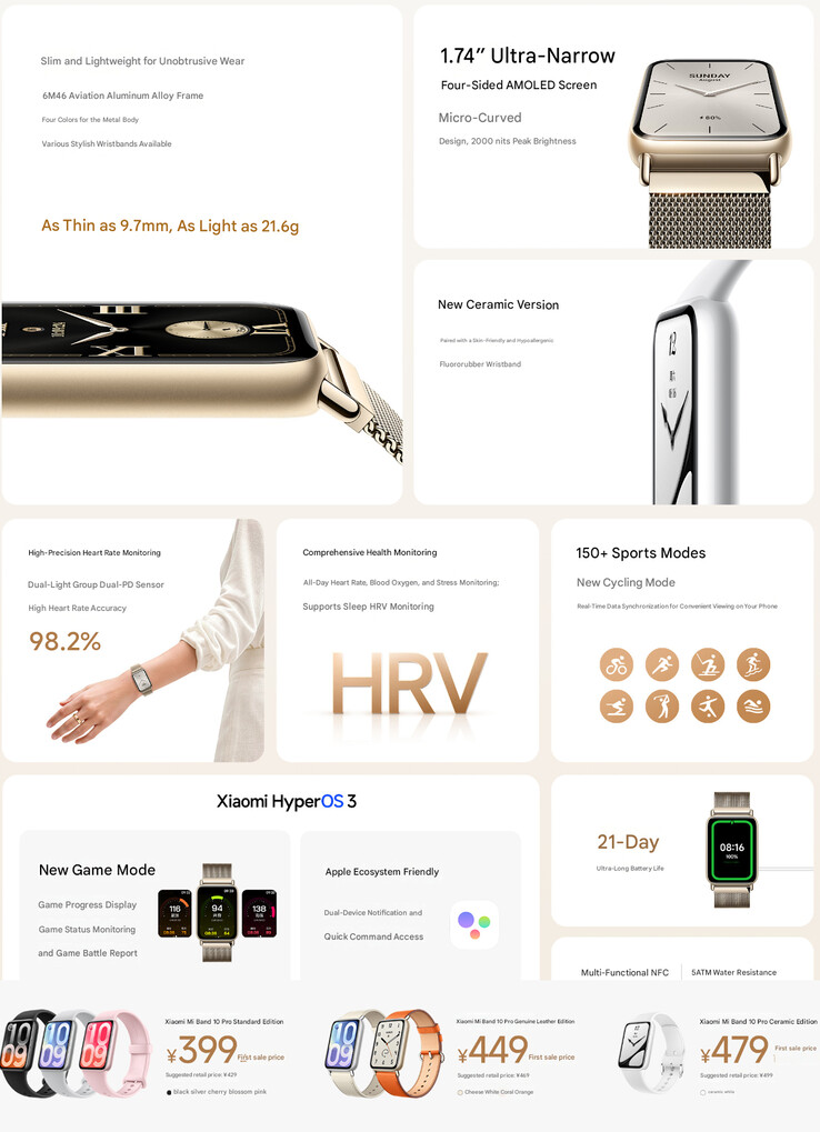 Principales caractéristiques du Xiaomi Smart Band 10 Pro (traduit de l'anglais)