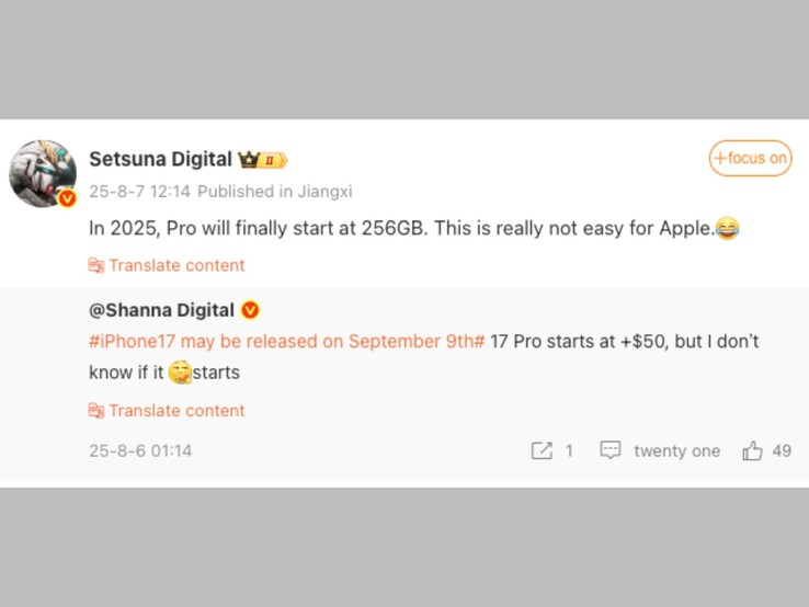 Le post Weibo de l'auteur de la fuite parle de l'iPhone 17 Pro base 256 GB. (Source de l'image : Setsuna Digital sur Weibo, capture d'écran)