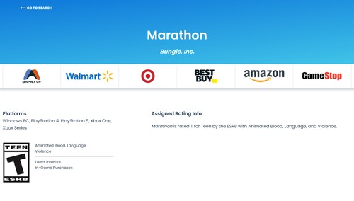 La page de classement ESRB de Marathon s'affiche