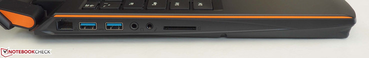 Côté gauche: RJ45 LAN, 2 x USB 3.0, prise casque, prise microphone, lecteur de carte SD