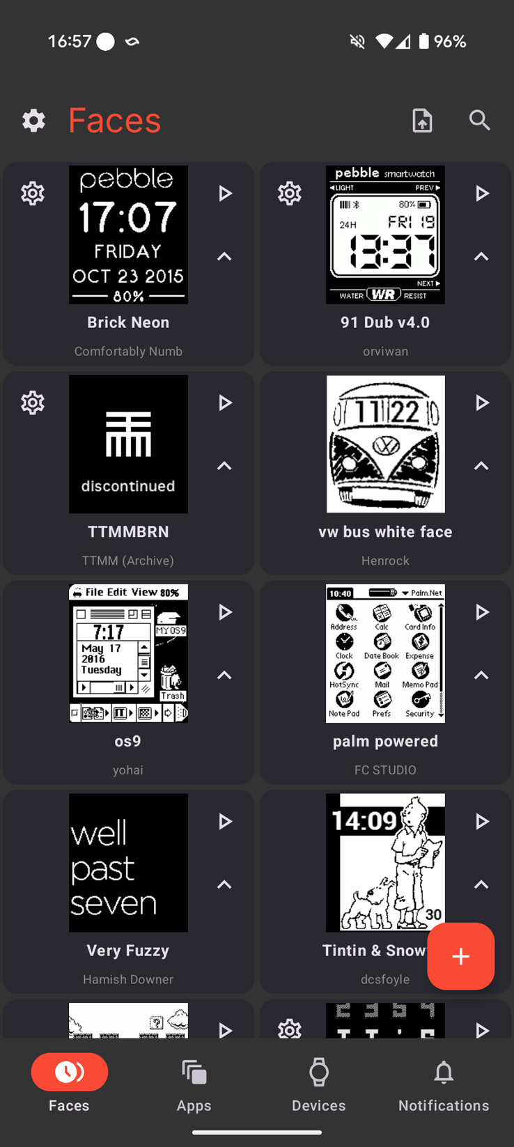 Capture d'écran de quelques-uns des visages de la montre dans la nouvelle application Pebble. (Source de l'image : Eric Migicovsky via X.com)