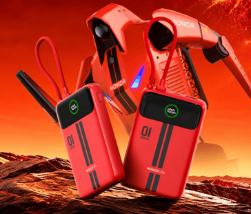 Deux batteries externes Honor Life rouges avec écrans intégrés et câbles attachés, présentées sur un fond rouge