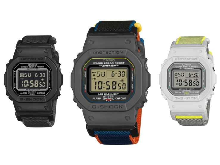 De gauche à droite : les montres Casio G-Shock DW-5600MNC-1, DW-5600MNC-8A2 et DW-5600MNC-7A8