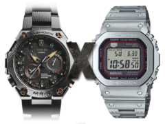 La nouvelle fuite de la Casio MR-G laisse entrevoir un croisement entre ces deux mondes. Photo - La Casio MRG-G1000HT-1A à gauche, un 'X' au milieu, et la Casio MRG-B5000 square G-Shock à droite. (Source de l'image : Casio - Edited)