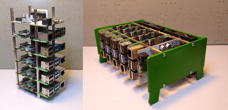 La pile ClusterCTRL avec et sans son boîtier imprimé en 3D. (Source de l'image : Tindie via CNX Software)