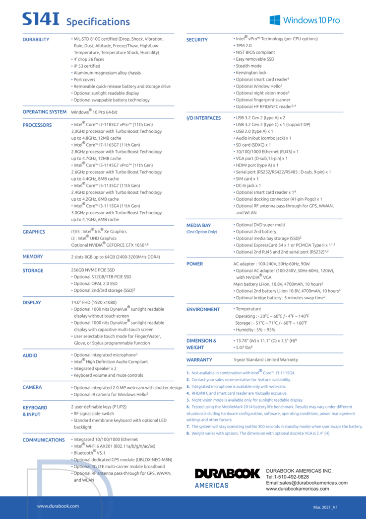 Options et spécifications du Durabook S14I (Source : Durabook)