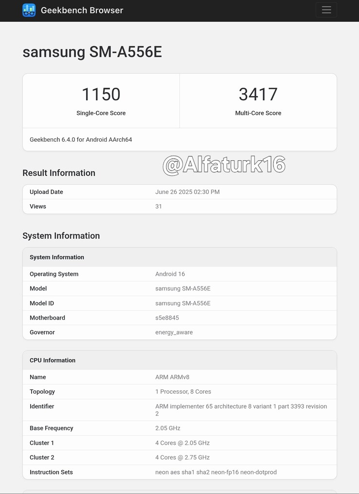 Un "Galaxy A55 5G " est mis à jour vers Android 16 dans une nouvelle fuite. (Source : Geekbench via AlfaTurk sur X)