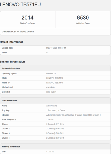 Lenovo Yoga Pad Pro avec la puce S1101 (source d'image : Geekbench)
