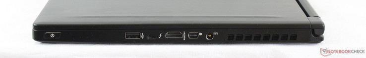 Côté droit : USB 2.0, Thunderbolt 3 avec USB 3.1 type C, HDMI 1.4, Mini DisplayPort 1.2, entrée secteur.