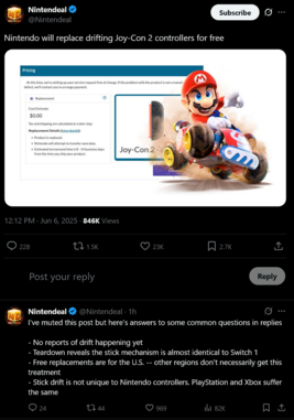 Garantie Nintendo pour les Joy-Cons Switch 2 (Source de l'image : capture d'écran, compte Nintendeal X)
