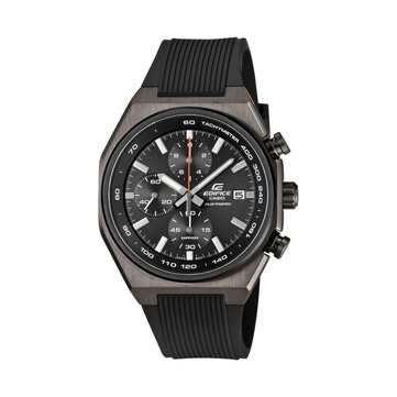 Chronographe Casio Edifice EFSS660PB-1A doté d’un boîtier gris à revêtement ionique, d’un bracelet en résine noire, d’un cadran noir texturé, d’une trotteuse centrale rouge, de trois sous-cadrans et d’une échelle tachymétrique.